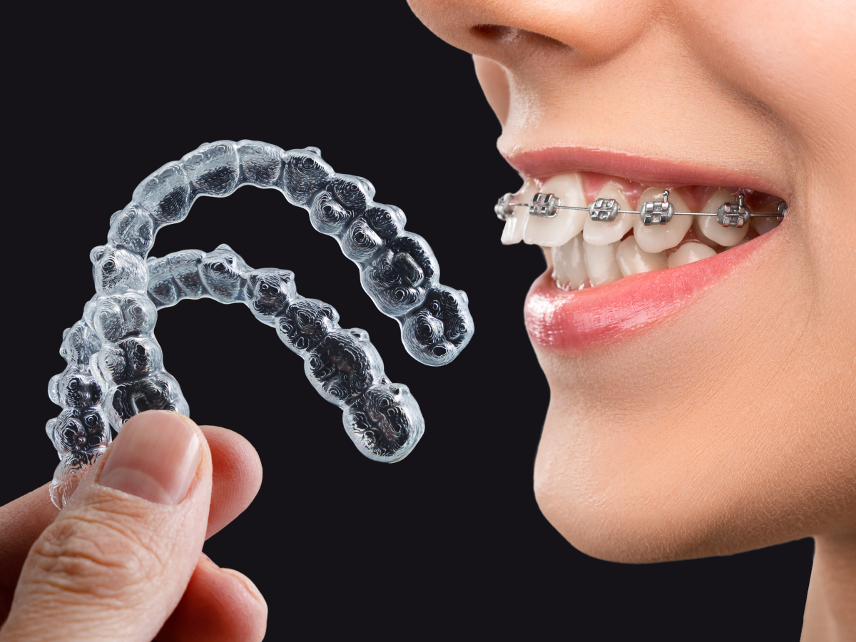 Smiling person with braces holding clear aligners.